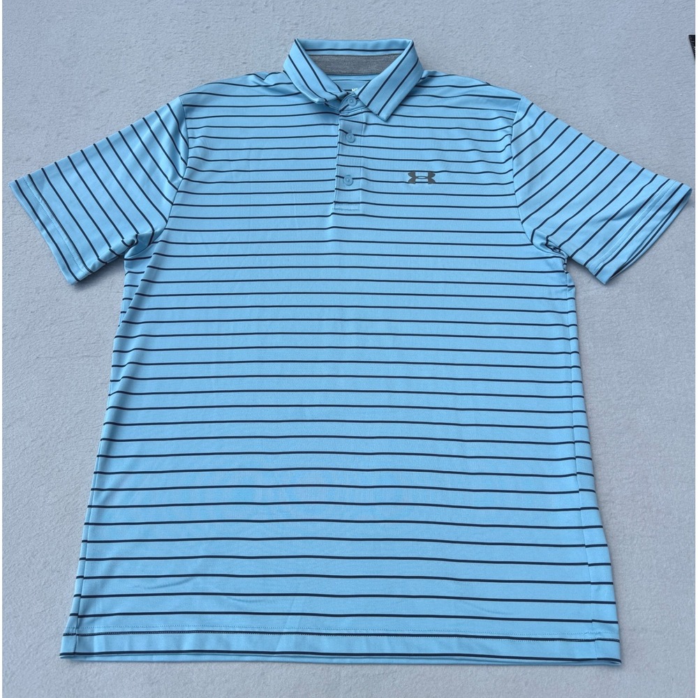 UNDER ARMOUR The Playoff Polo Shirt Mens Medium Blue Striped HeatGear Golf